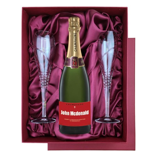 Personalised Champagne - Red Label in Red Luxury Presentation Set With Flutes